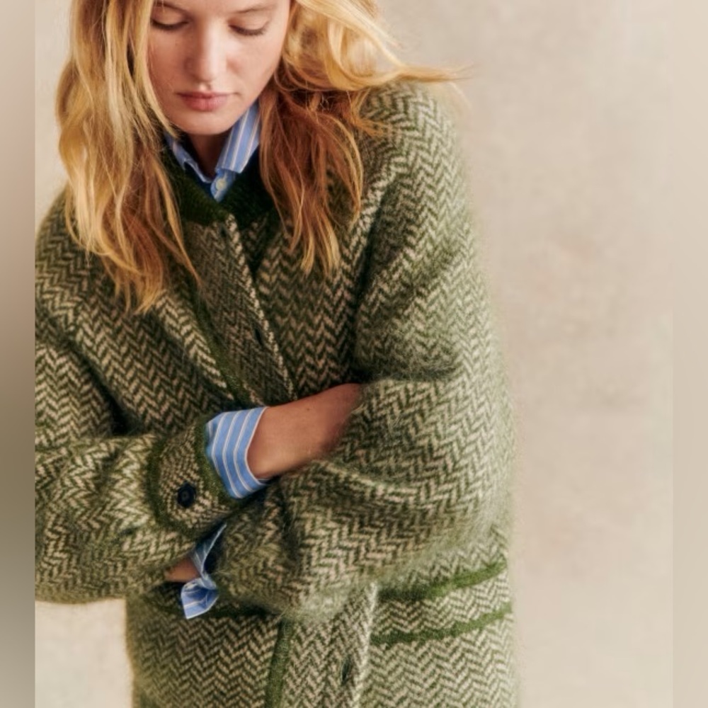 Sézane Noah Jacket in Perfect Green Herringbone Wool Coat